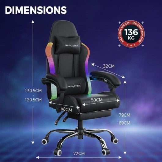 Sedia Gaming GTPLAYER Ergonomica con LED, Massaggio e Poggiapiedi