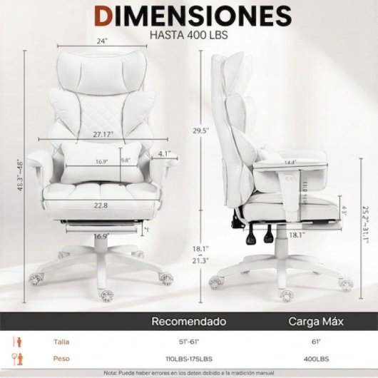 Silla de oficina gaming Dowinx QL-66B1 reclinable 90°-135° tejido transpirable blanco