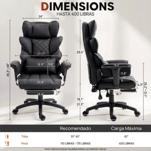 Silla Ergonómica de Oficina Dowinx QL-66B1 Reclinable 90°-135° 150 kg Soporte lumbar PU Respaldo reforzado