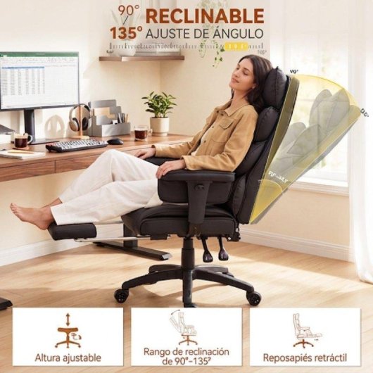 Silla Ergonómica de Oficina Dowinx QL-66B1 Reclinable 90°-135° 150 kg Soporte lumbar PU Respaldo reforzado