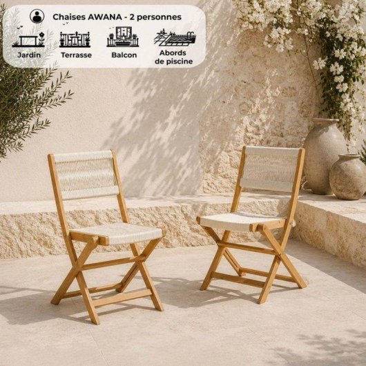 Cadeira de jardim dobrável NO NAME AWANA FSC Acácia e corda trançada bege Pack de 2