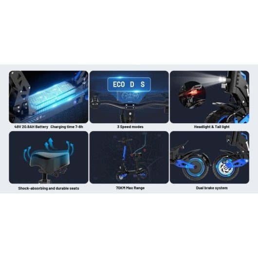 Patinete eléctrico Koolux U1Pro 500 W x2 Autonomía 70 km Neumáticos 10" IPX4