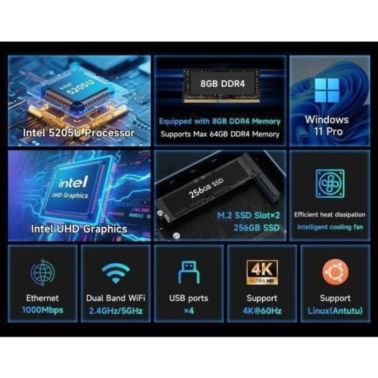 Mini PC BMAX B2 Power Intel Celeron 5205U 8GB 256GB SSD UHD Graphics Windows 11