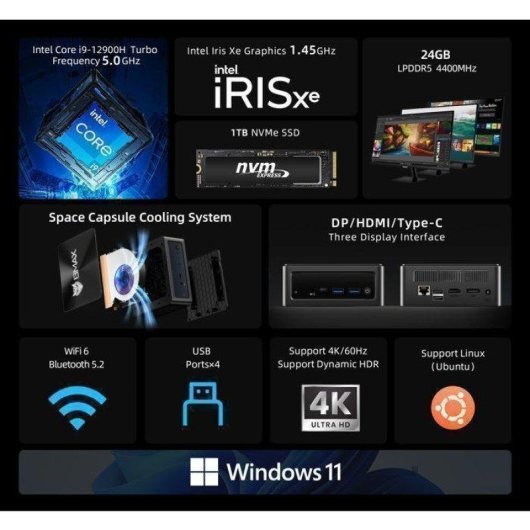 Mini PC BMAX MaxMini B9 Power Intel Core i9-12900H 24GB 1TB SSD Iris Xe Windows 11