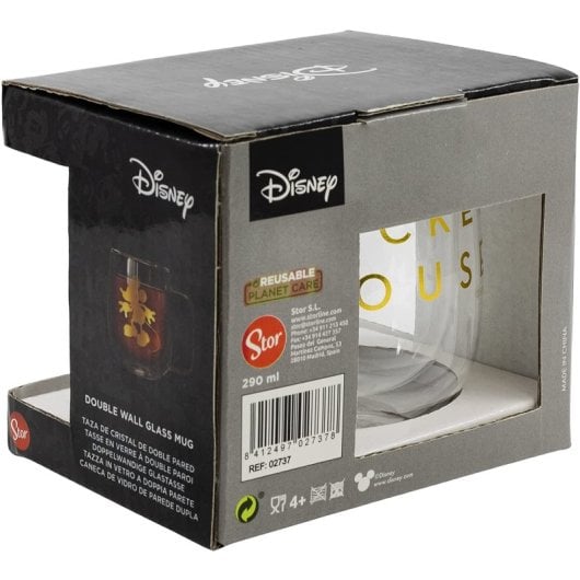 Mug Stor Mickey Mouse Verre Double Paroi 290 ml Design Doré
