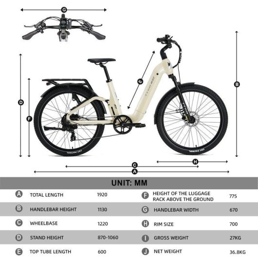 Bicicleta Eletrica Urbana TTGO E-SUVO 250W 48V Bege