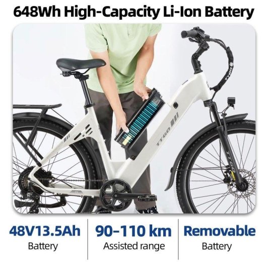 Bicicleta Eléctrica Urbana TTGO C5 250W 48V 13.5Ah 27.5" Blanco