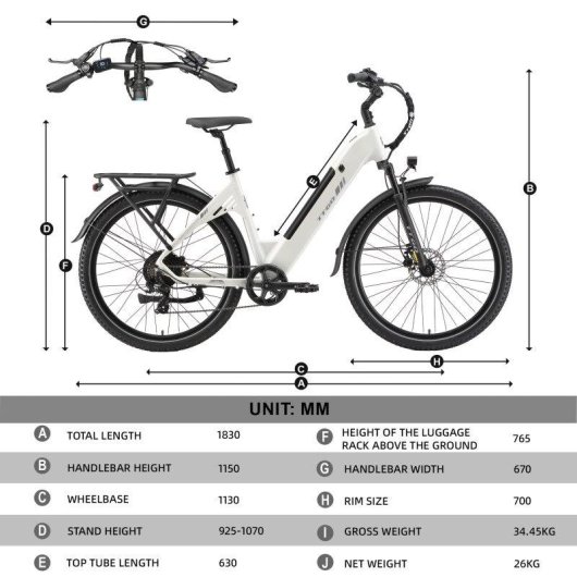 Bicicleta Eléctrica Urbana TTGO C5 250W 48V 13.5Ah 27.5" Blanco