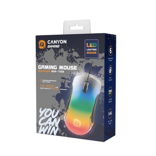 Ratón CANYON Braver GM-728 Gaming Cabo 12800 DPI RGB Preto Transparente