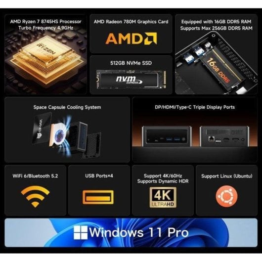 Mini PC BMAX B8A Pro AMD Ryzen 7 8745HS 16GB 512GB SSD Radeon 780M Windows 11