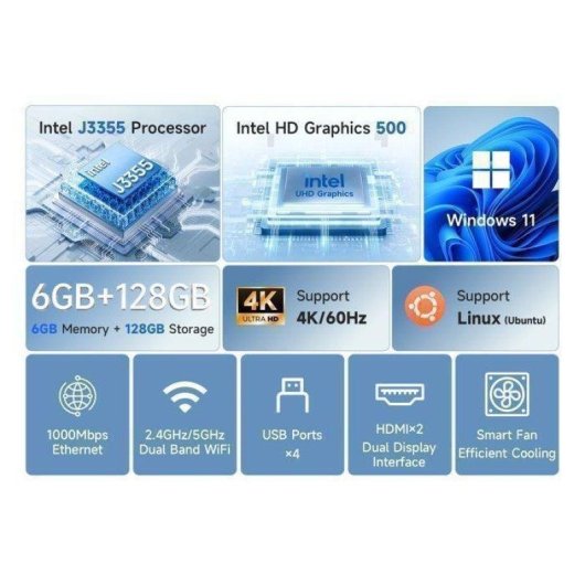 Mini PC BMAX B1 Plus Intel Celeron J3355 6GB 128GB SSD Windows 11 Bleu
