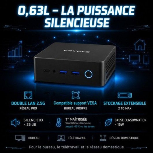 Mini PC ERVPES E1 Pro Intel Celeron N4505/8GB/256GB SSD/Intel UHD Windows 11