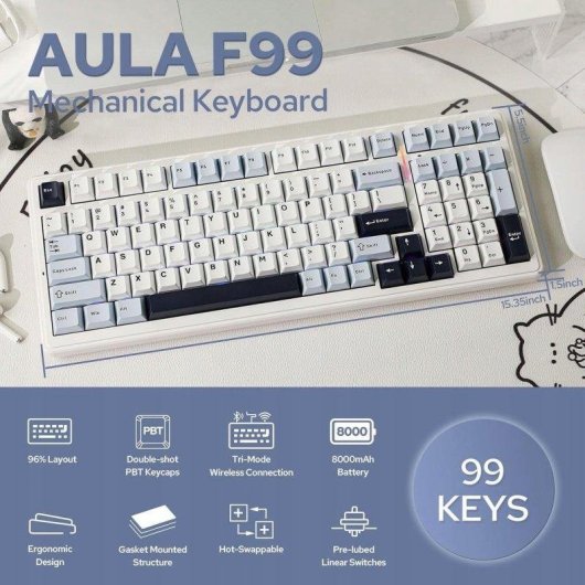 Tastiera Aula F99 Bianca Bluetooth 5.0 Hot Swap RGB 96% US Blu