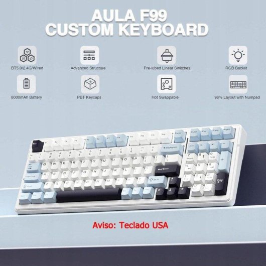 Tastiera Aula F99 Bianca Bluetooth 5.0 Hot Swap RGB 96% US Blu