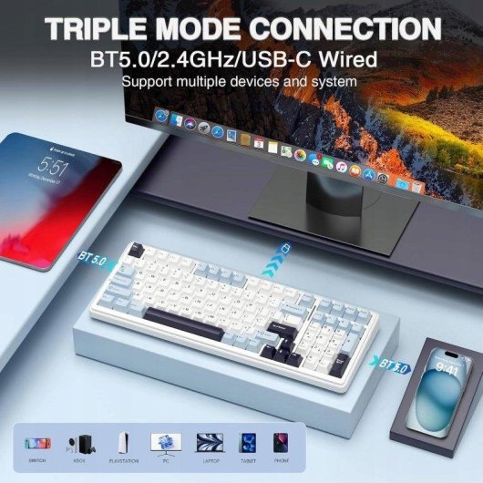 Teclado Aula F99 mecánico inalámbrico Hot Swap Bluetooth RGB blanco azul