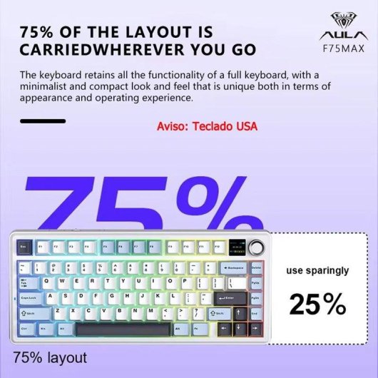 Teclado mecánico inalámbrico Aula F75 Max 75% con pantalla TFT, RGB, escritura silenciosa y distribución US