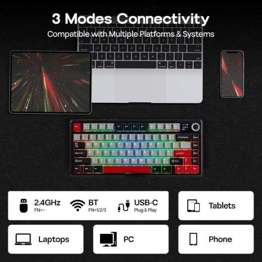 Teclado mecánico inalámbrico Aula F75 Max 75% retroiluminado RGB con pantalla TFT, perilla de control y estructura Gasket Mount