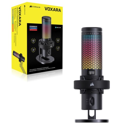 Micrófono Corsair VOXARA USB cardioide con pantalla OLED y RGB personalizable negro