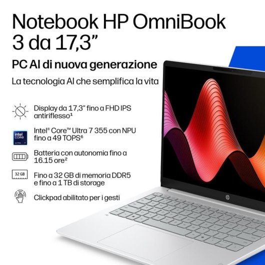Portatile HP OmniBook 3 17,3" Intel Core Ultra 7 16GB 512GB SSD Intel Graphics Windows 11