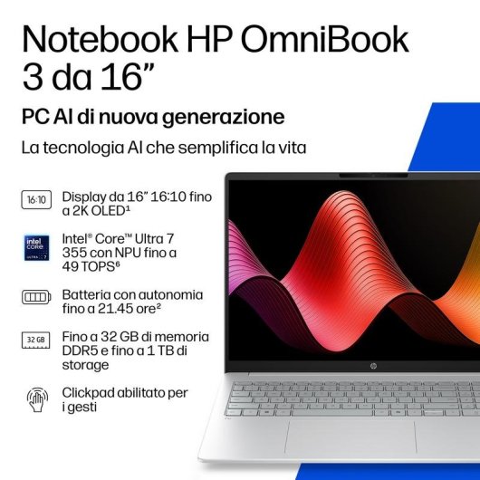 Portatile HP OmniBook 3 16" Intel Core Ultra 7 16GB 512GB SSD Intel Graphics Windows 11