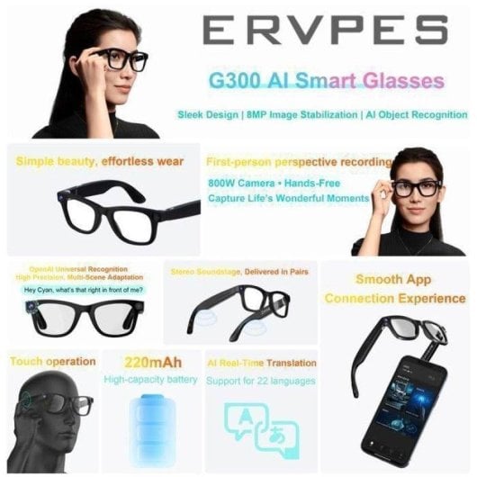 Lunettes IA ERVPES G300 avec camera HD 1080p et traduction wifi