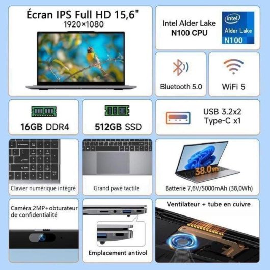 Ordinateur portable BMAX X15 Pro 15.6" Intel N100 16Go 512Go SSD Intel UHD Windows 11