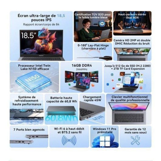 Ordinateur portable Blackview AceBook10 18,5" Intel N150 16Go 512Go UHD Windows 11 Pro