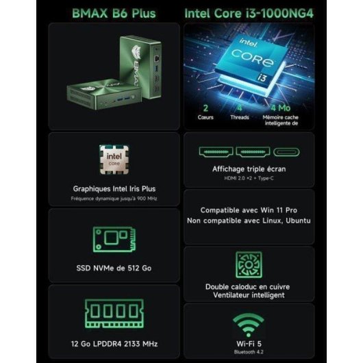 Mini PC BMAX B6 Plus Intel Core i3-1000NG4 12GB 512GB SSD Iris Plus Windows 11