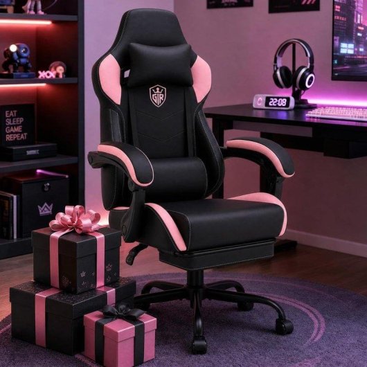 Cadeira gaming GTPLAYER Rosa com reposo para pés e braços