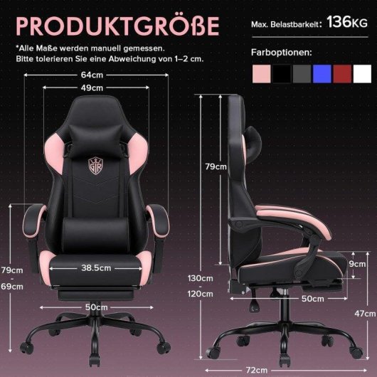 Cadeira gaming GTPLAYER Rosa com reposo para pés e braços