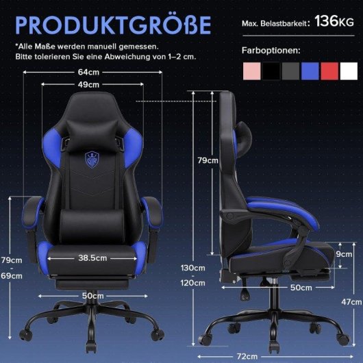 Cadeira Gaming GTPLAYER Ergonómica com Apoio de Pés Azul 150 Kg