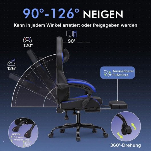Cadeira Gaming GTPLAYER Ergonómica com Apoio de Pés Azul 150 Kg