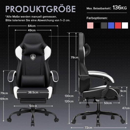 Cadeira Gaming GTPLAYER Ergonómica Reposapés Reposacabeça 150 kg Branco