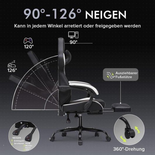 Cadeira Gaming GTPLAYER Ergonómica Reposapés Reposacabeça 150 kg Branco