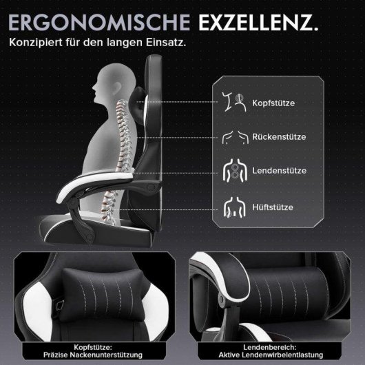 Cadeira Gaming GTPLAYER Ergonómica Reposapés Reposacabeça 150 kg Branco
