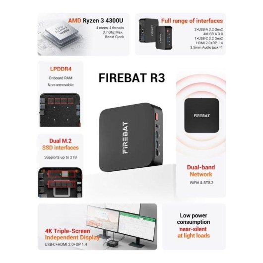 Mini PC FIREBAT R3 AMD Ryzen 3 4300U/16GB/512GB SSD/Radeon/Windows 11