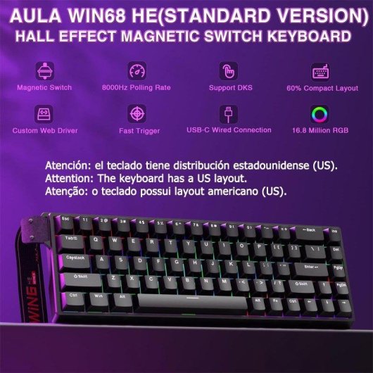 Teclado Aula WIN68 HE 60% Hall Effect Magnético 8000Hz Rapid Trigger RGB USA