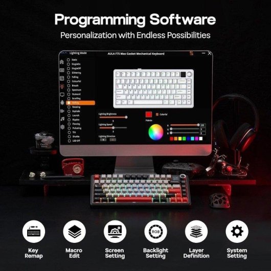 Teclado Aula F75 Max compacto 75% RGB Hot Swap ecrã TFT Bluetooth bateria prolongada US
