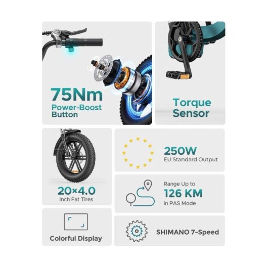 Vélo électrique ENGWE L20 Boost 250W 13Ah 48V, roues 20x4.0 pouces, transmission Shimano, autonomie 126 km