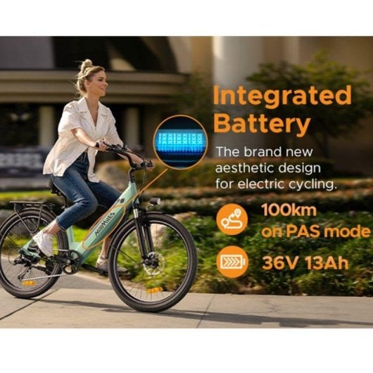 Velo electrique HillMiles MileCity 1 Vert 250W 26 pouces Autonomie 100 km
