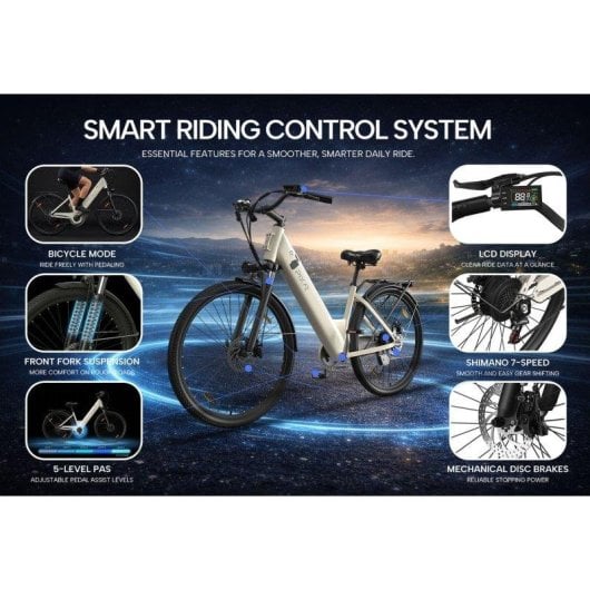 Elektrische Fiets Pixar C1 Wit 250W 120 km Bafang Motor Shimano 7V
