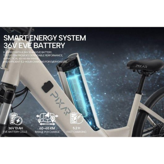 Elektrische Fiets Pixar C1 Wit 250W 120 km Bafang Motor Shimano 7V