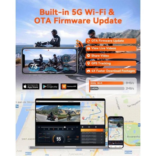 Dashcam moto Vantrue F1 4K + 1080P, WiFi 5GHz IP67 GPS