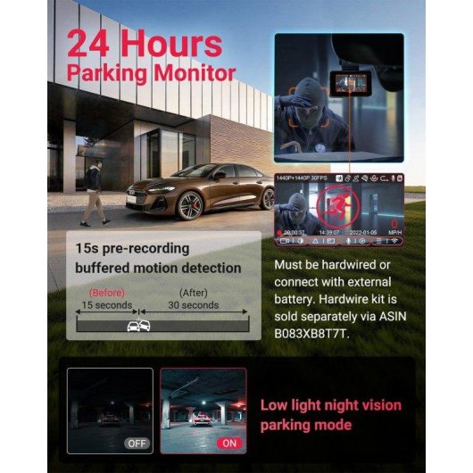 Caméra Dash Vantrue E2 Pro 4K + 2,5K avec Wi-Fi et GPS