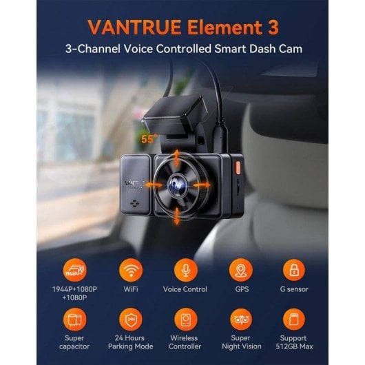 Dashcam Vantrue E3 3 canaux 2K QuadHD WiFi GPS SOS