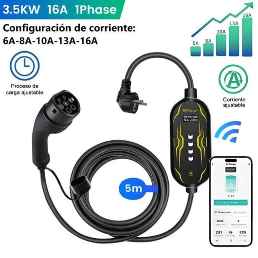Chargeur EV portable JUNSUN 3,5kW 16A Type 2 câble 5m Schuko LCD App IP65