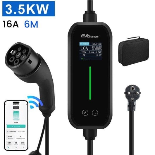 Chargeur Portable JUNSUN Type 2 3,5 kW 16A Câble 6m Schuko LCD App IP65