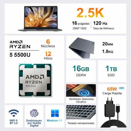 Ordinateur portable Ninkear A15 Pro 16 pouces AMD Ryzen 5 5500U 1 To SSD 16 Go QHD Radeon Graphics Windows 11