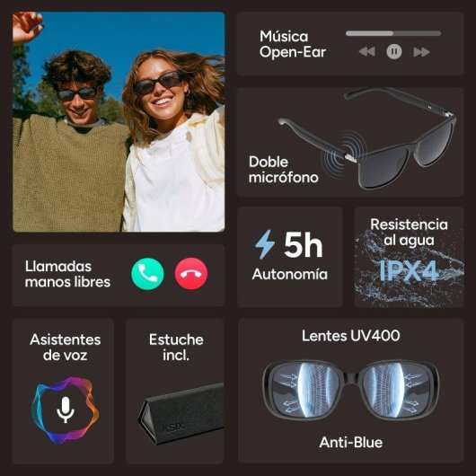 Ksix Sonance Gafas Inteligentes Altavoces Open-ear Llamadas UV400 Negro