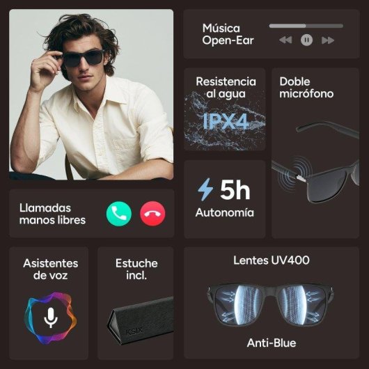Ksix Vibra Gafas Inteligentes Altavoces Open-ear Llamadas UV400 Negro